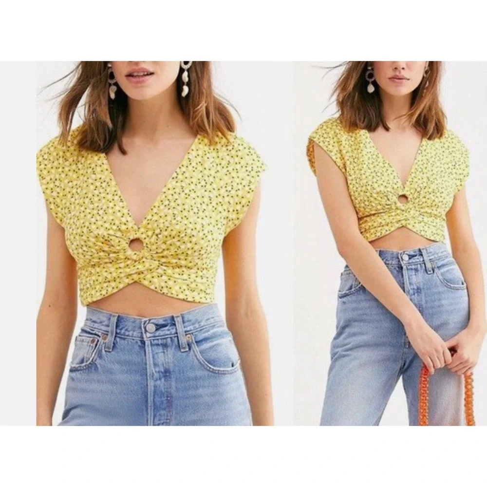 Free People Womens Havana Honey V-Neck Crop Top Linen Blend Small‎ Boho Chic $68